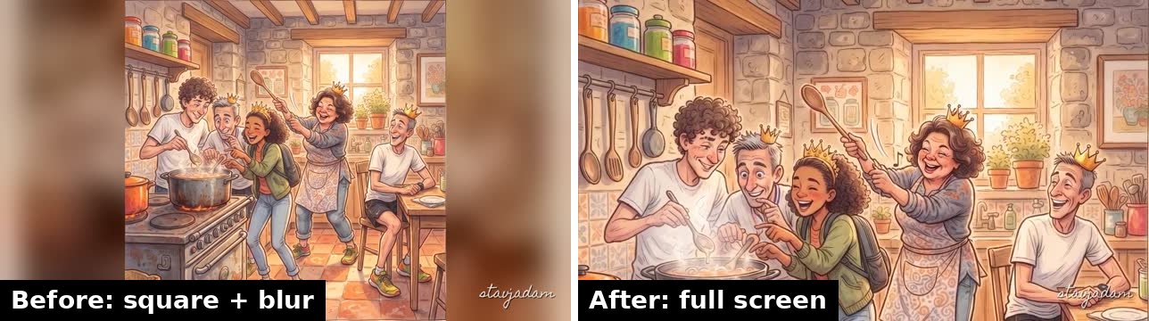 לפני ואחרי: מריבוע עם צדדים מטושטשים למסך מלא