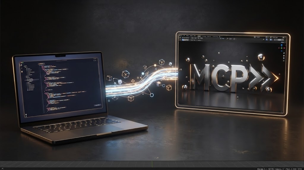 איור של טרמינל שמריץ Claude Code ומחובר דרך MCP ל-Blender